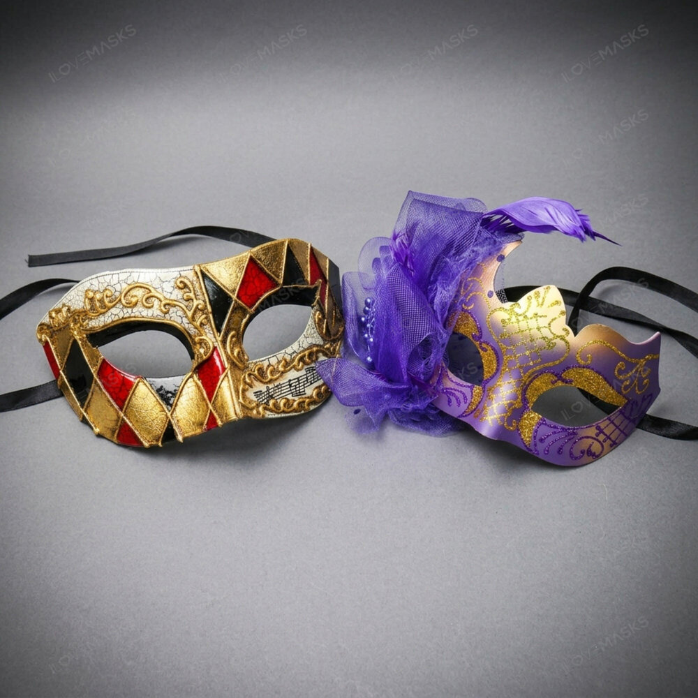 Venetian Harlequin Feather Masquerade Mask Purple Gold Halloween Party mask
